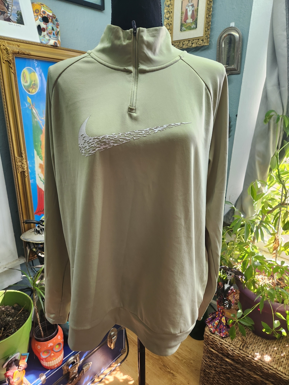 Nike Women's Sage Green Quarter-Zip Pullover with White Swoosh